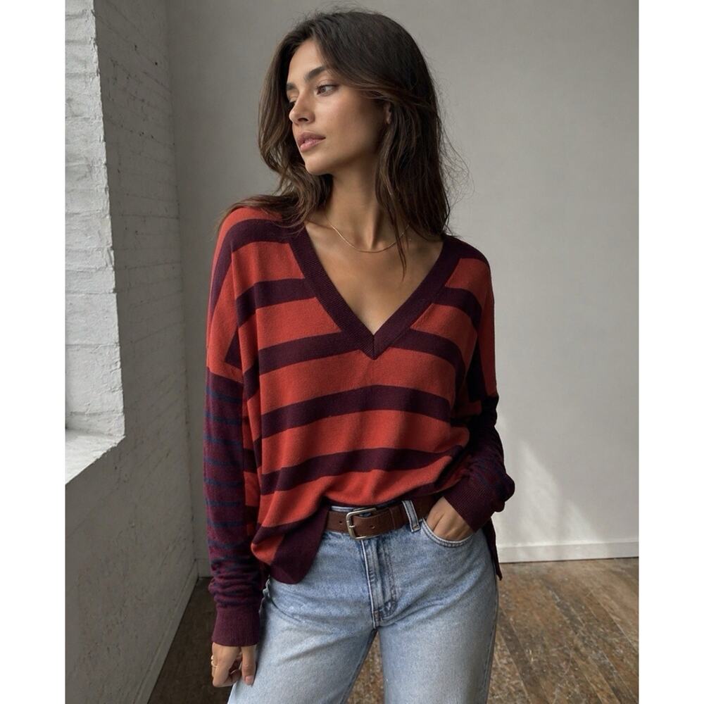 Derek Lam Denim Cashmere Blend Striped V Neck Sweater Oversized Medium